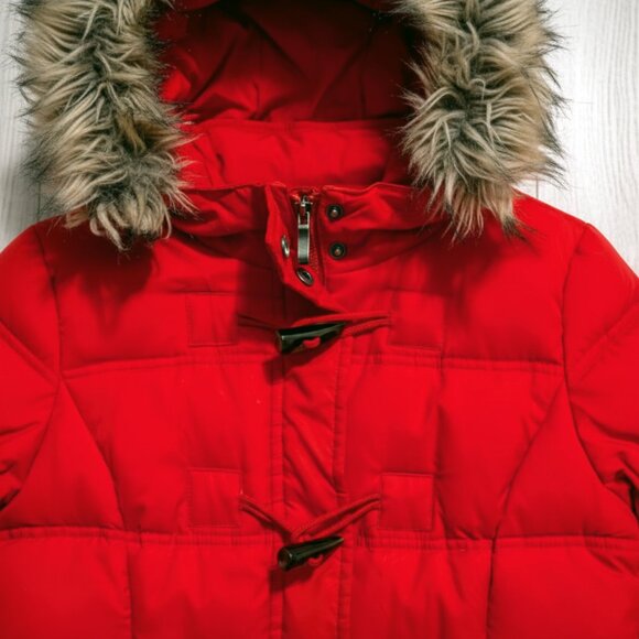 ESPRIT Women's Red Puffer Jacket Faux Fur Hood Toggle Winter Down Coat Size (M) - Picture 2 of 9